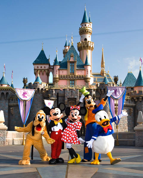 Characters in front of Sleeping Beauty Castle